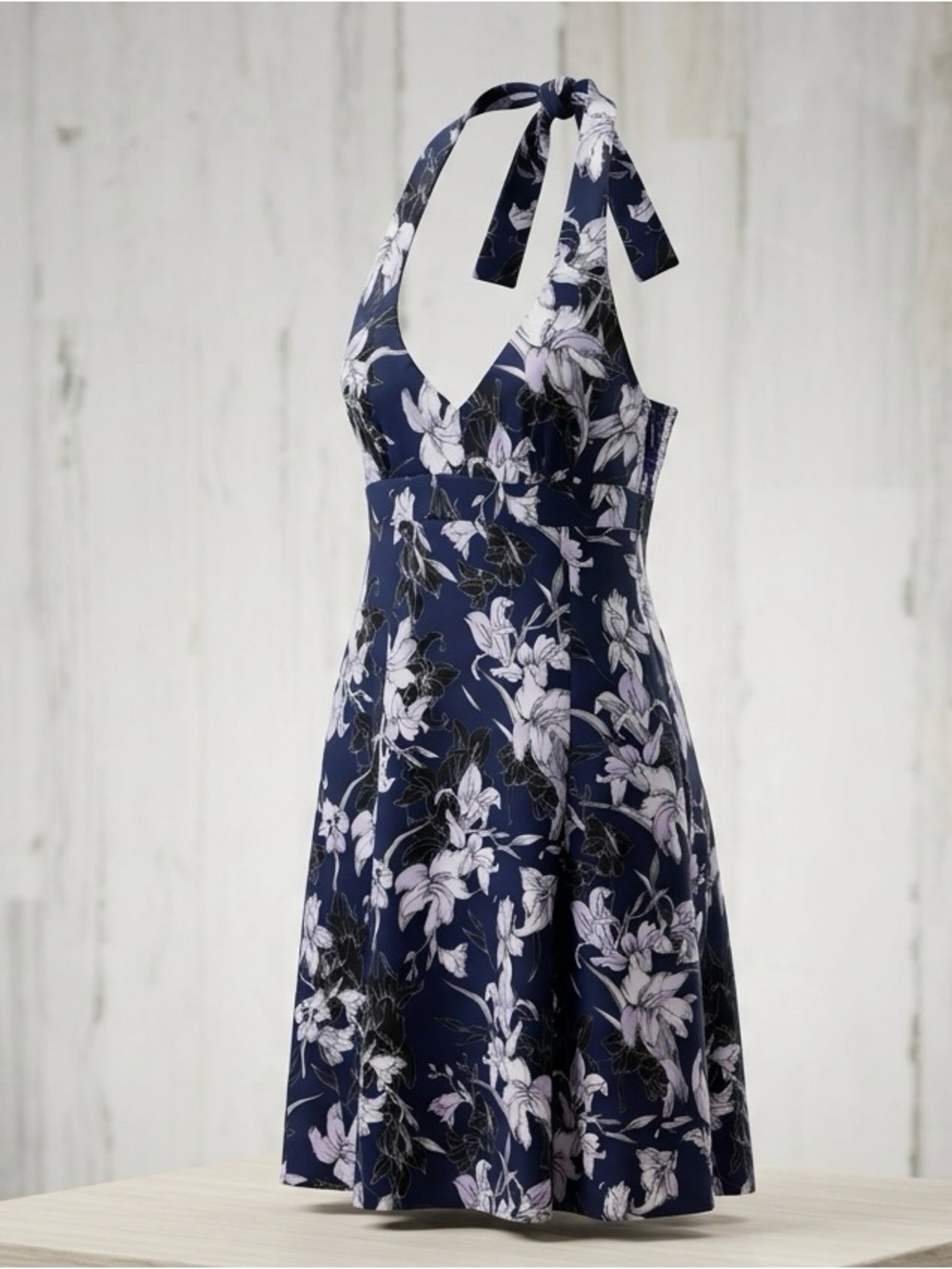 Athleta Floral Halter Dress Navy Blue Size 0 Side Zip Summer Travel